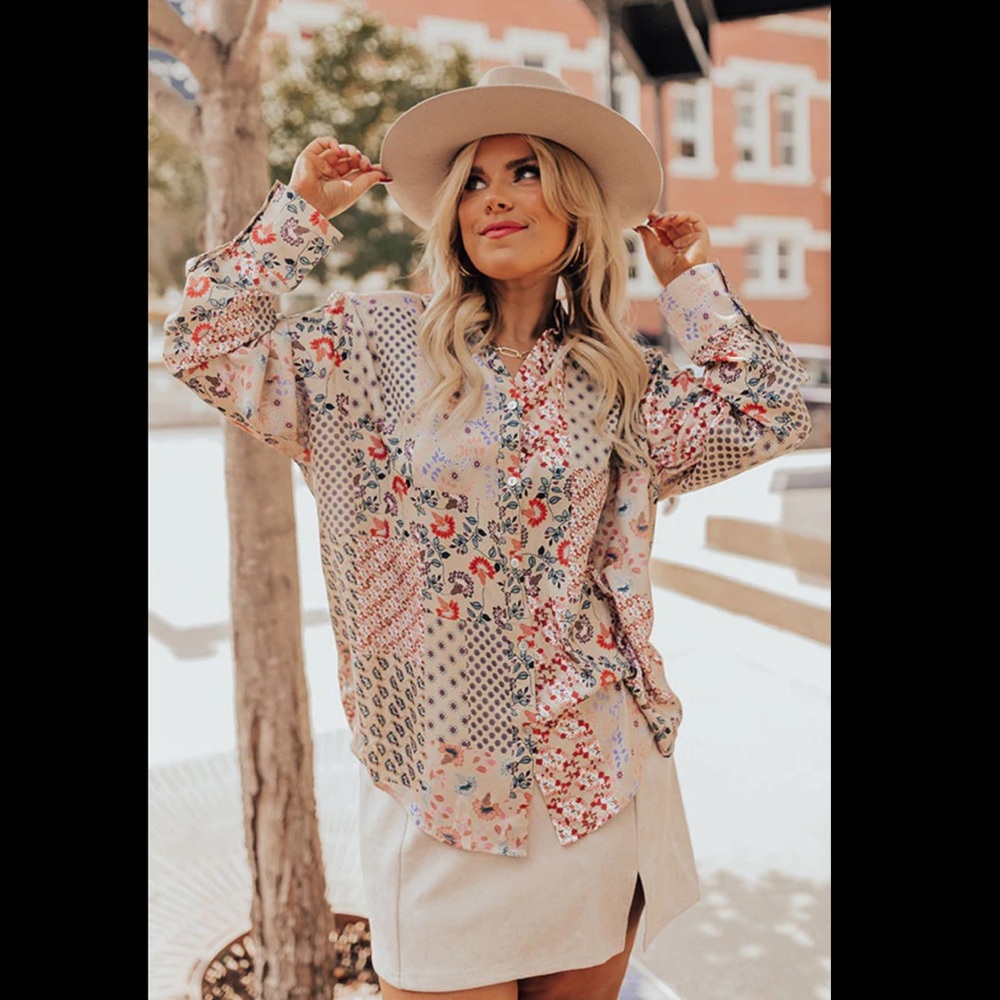 Meritt Chat With Me Satin Top Iced Latte Fall Floral Button Up Blouse Shirt New